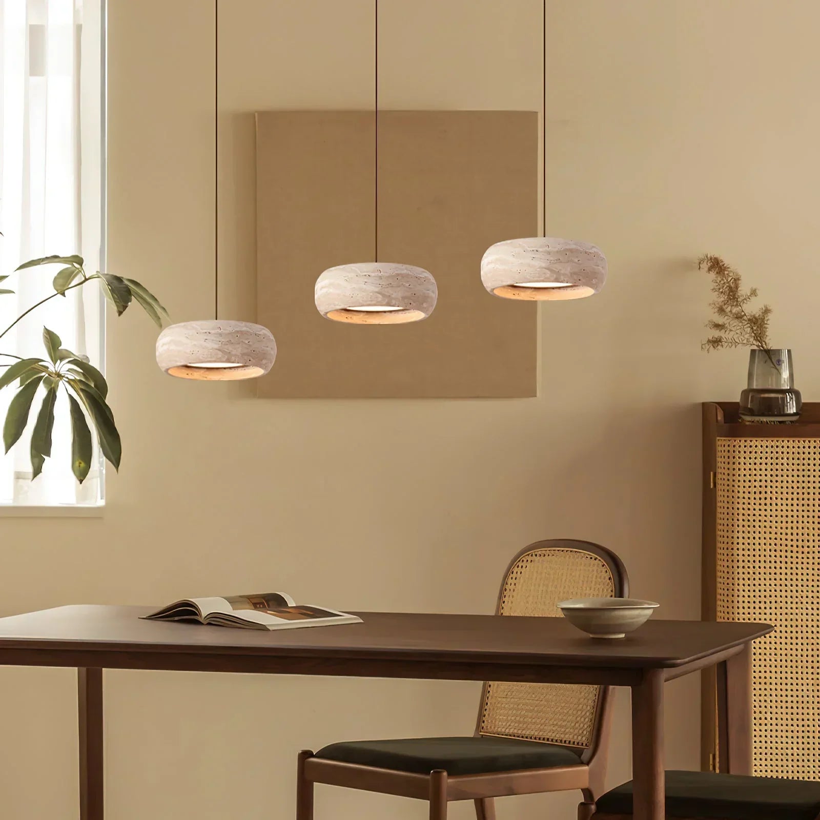 Natural Travertine Stone Donut Pendant Light – Minimalist Organic Modern Hanging Lamp