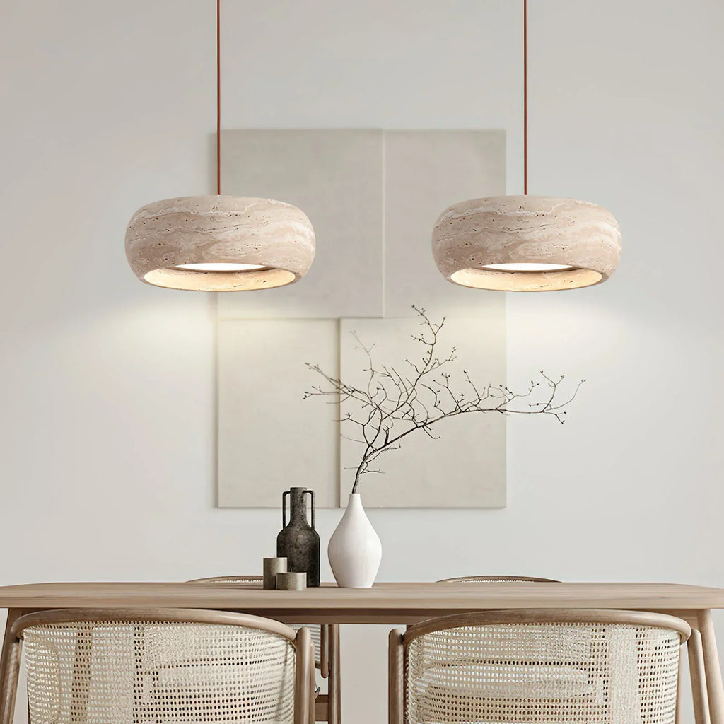 Natural Travertine Stone Donut Pendant Light – Minimalist Organic Modern Hanging Lamp
