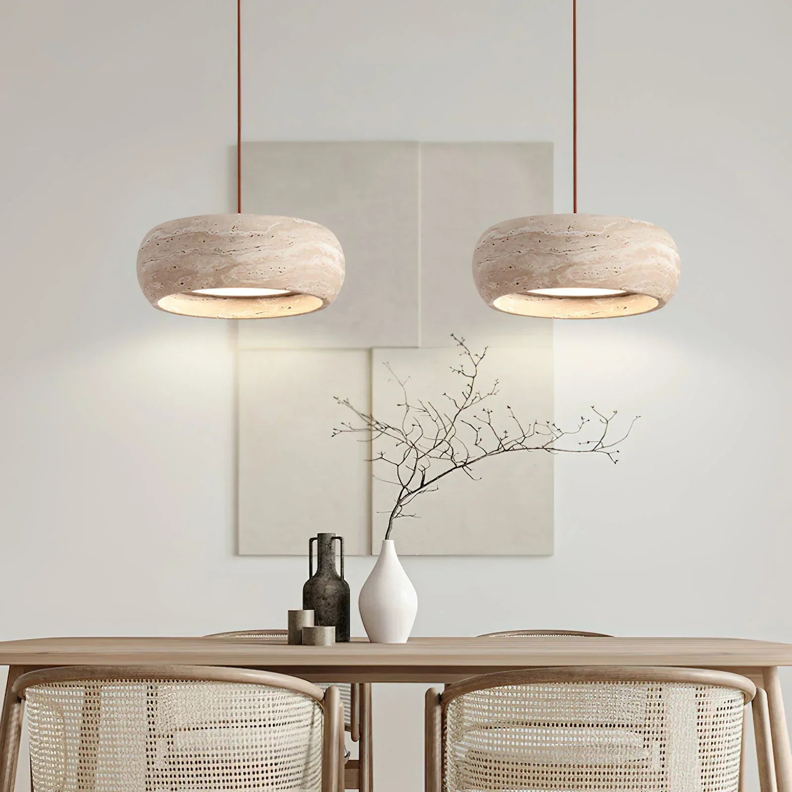 Natural Travertine Stone Donut Pendant Light – Minimalist Organic Modern Hanging Lamp