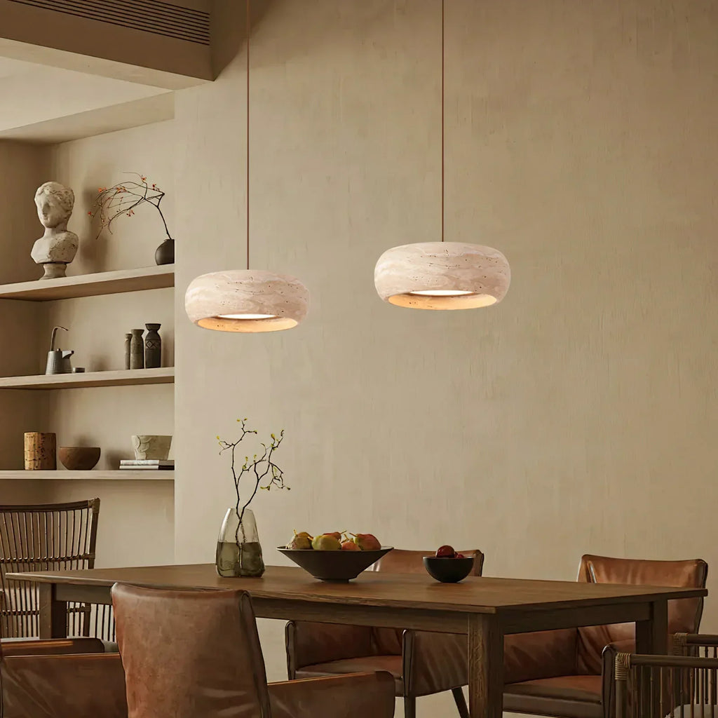 Natural Travertine Stone Donut Pendant Light – Minimalist Organic Modern Hanging Lamp