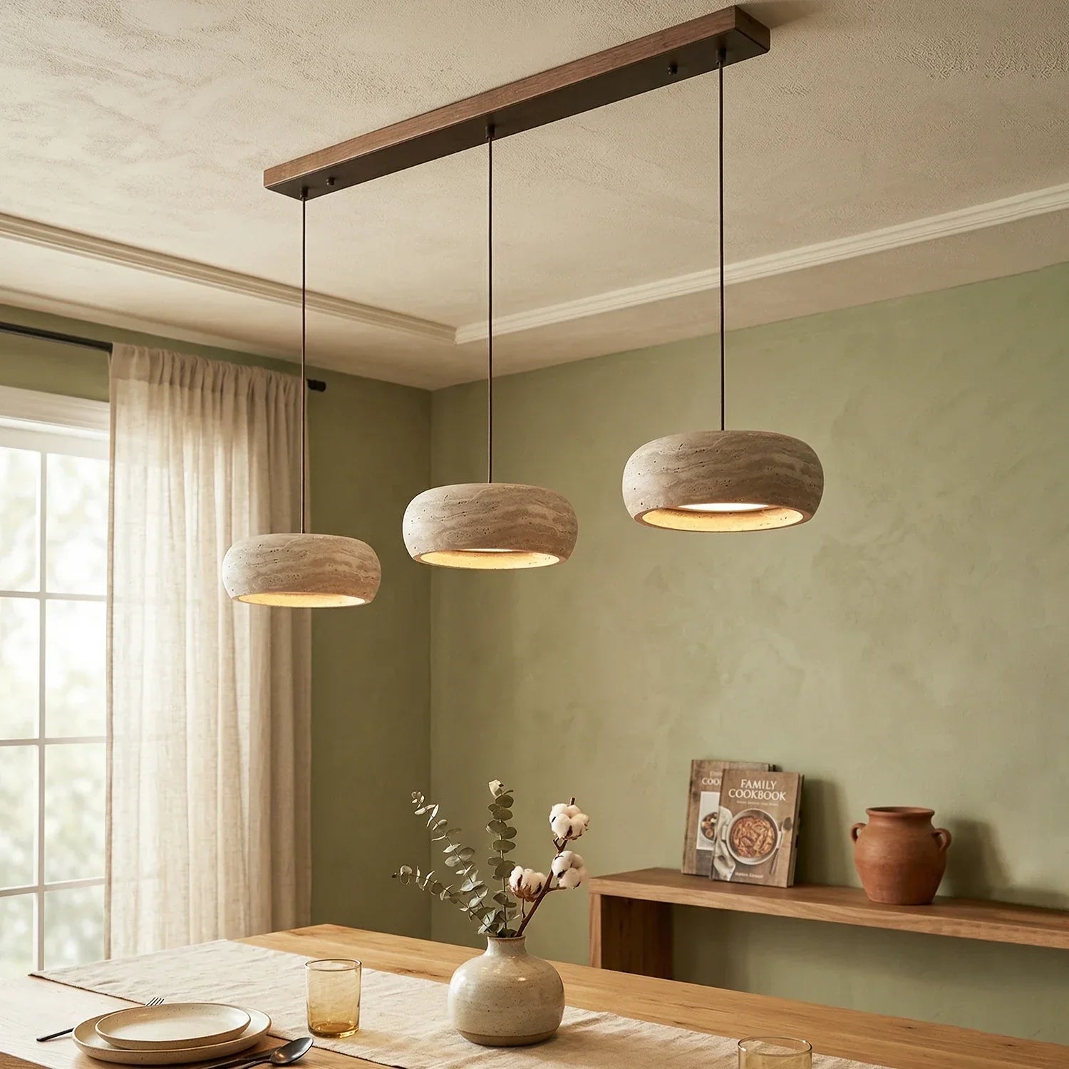 Natural Travertine Stone Donut Pendant Light – Minimalist Organic Modern Hanging Lamp