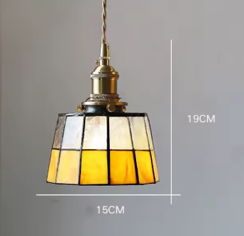 Vintage Tiffany-Style Amber Stained Glass Pendant Light with Antique Brass Rotary Switch
