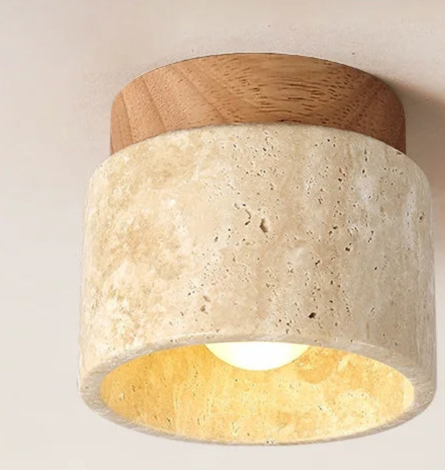 Japanese Style LED Ceiling Light Stone Wood Round Surface Mount
