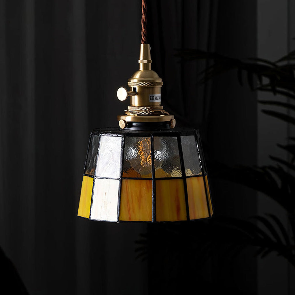 Vintage Tiffany-Style Amber Stained Glass Pendant Light with Antique Brass Rotary Switch