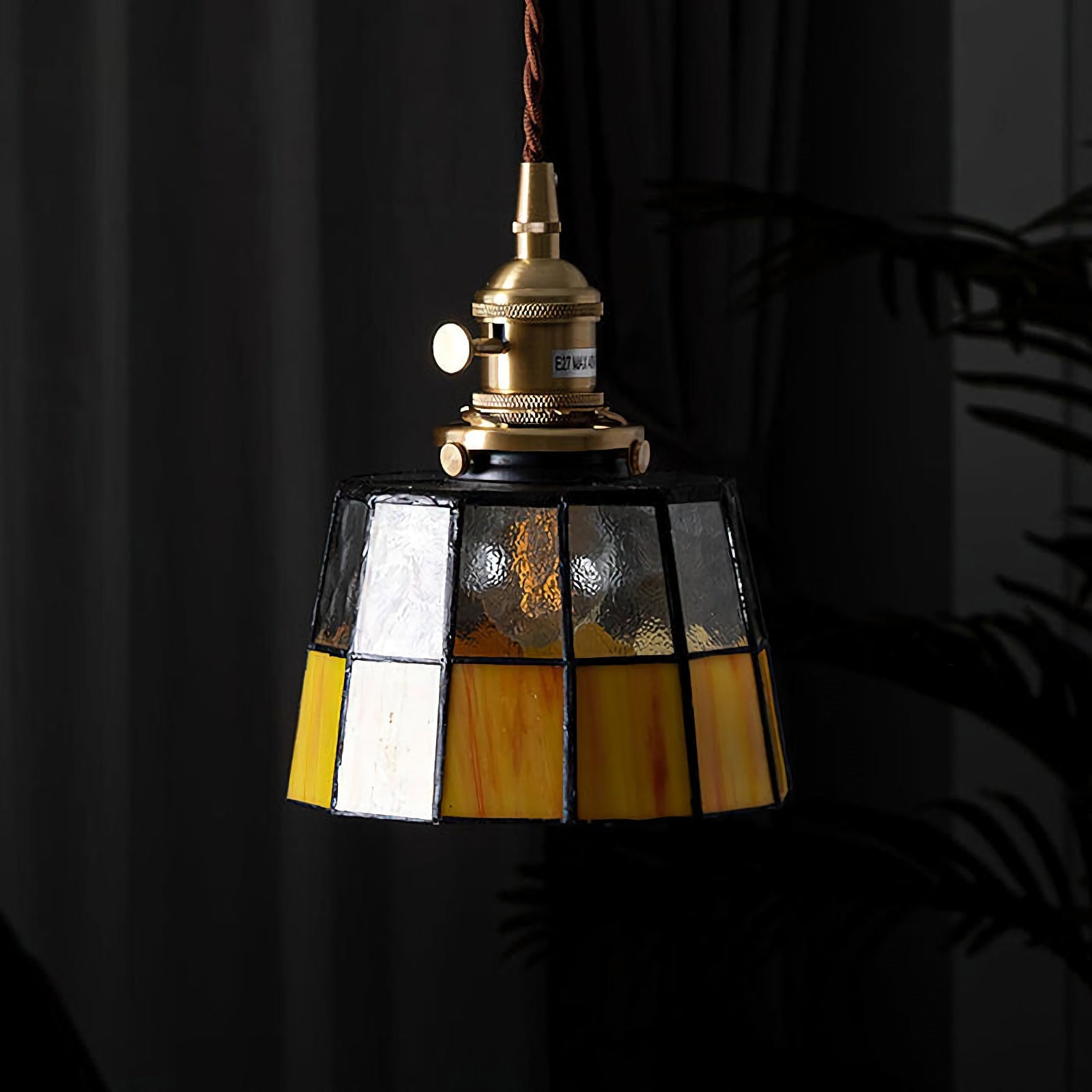 Vintage Tiffany-Style Amber Stained Glass Pendant Light with Antique Brass Rotary Switch