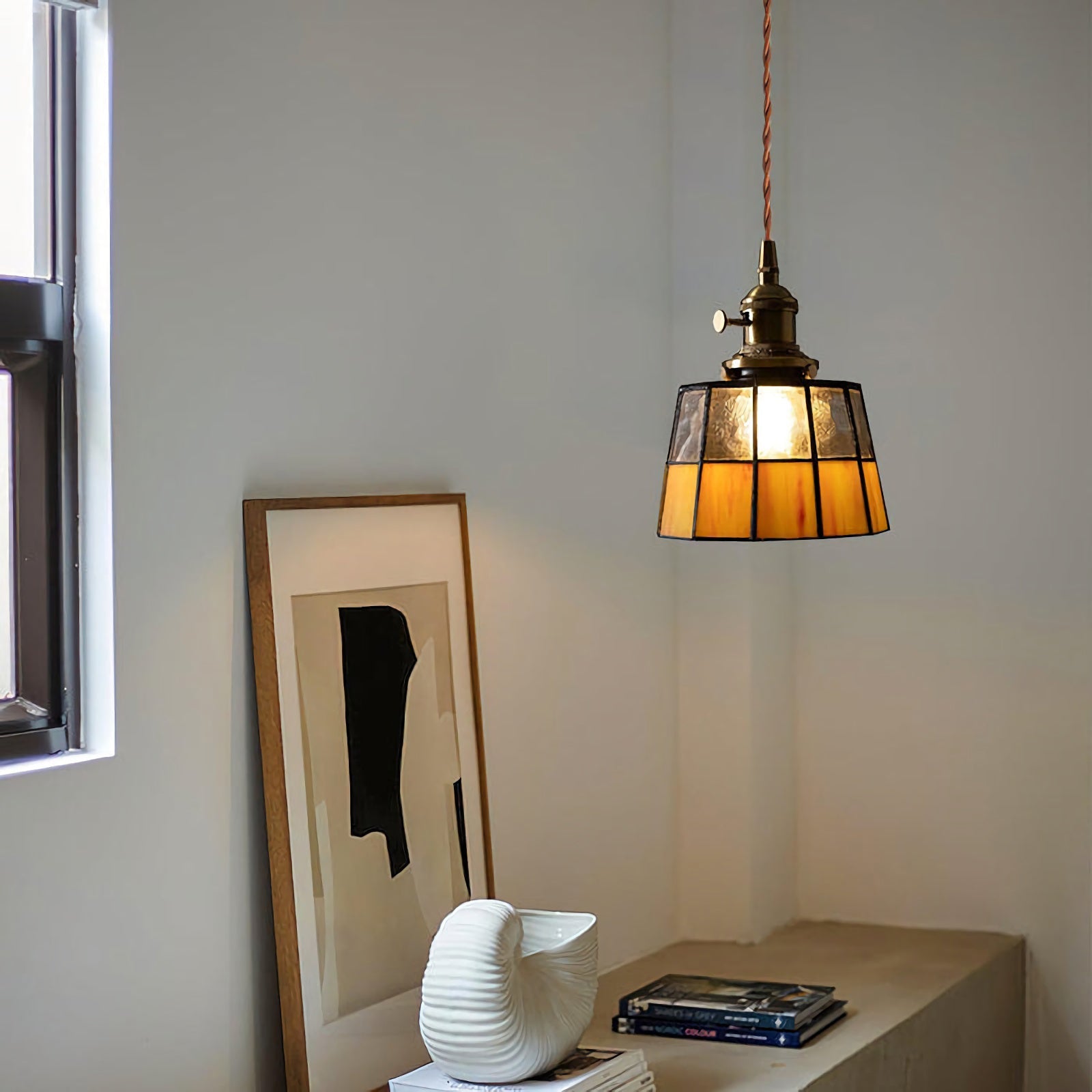 Vintage Tiffany-Style Amber Stained Glass Pendant Light with Antique Brass Rotary Switch