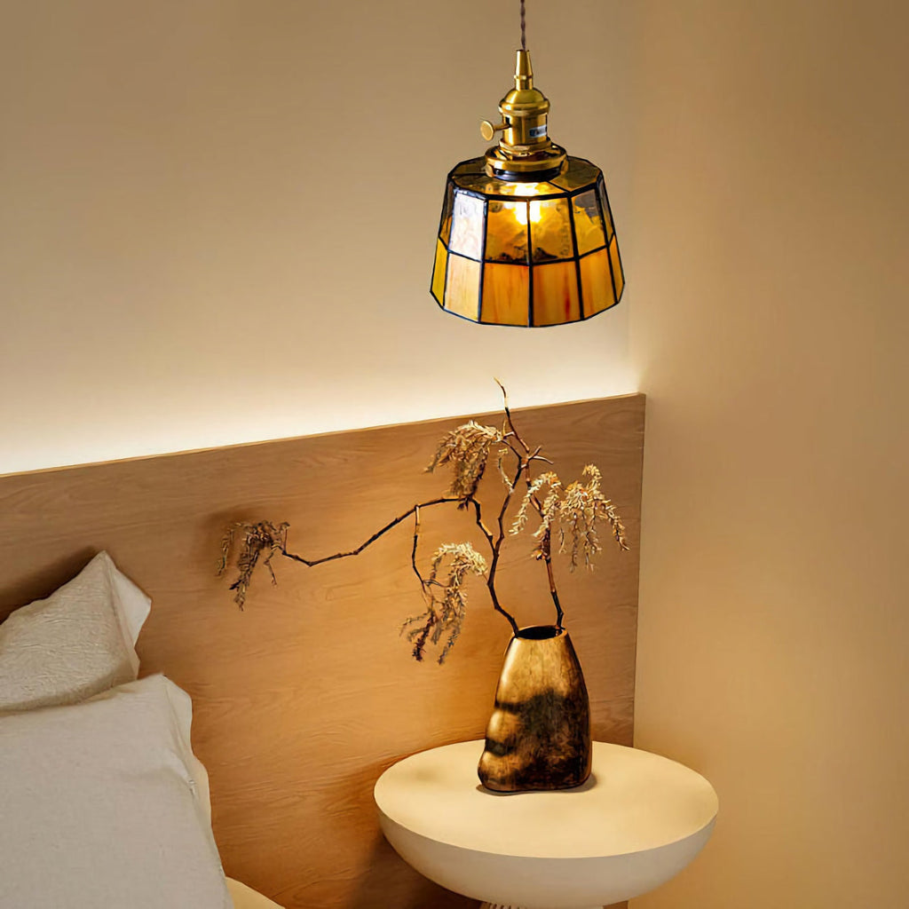 Vintage Tiffany-Style Amber Stained Glass Pendant Light with Antique Brass Rotary Switch