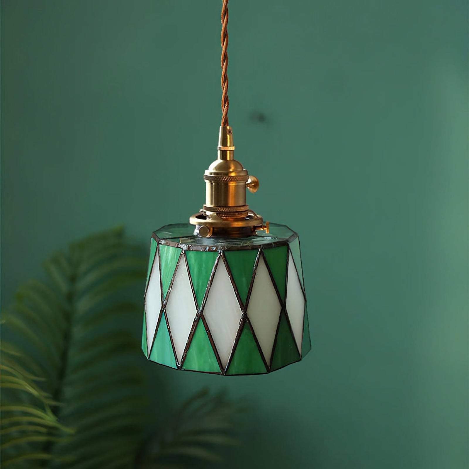 Vintage Tiffany-Style Amber Stained Glass Pendant Light with Antique Brass Rotary Switch