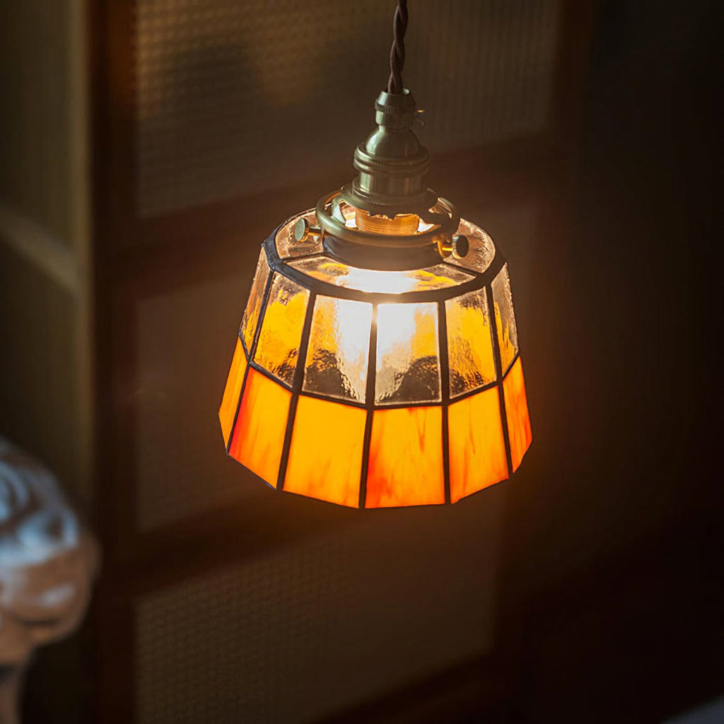 Vintage Tiffany-Style Amber Stained Glass Pendant Light with Antique Brass Rotary Switch