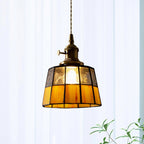 Vintage Tiffany-Style Amber Stained Glass Pendant Light with Antique Brass Rotary Switch