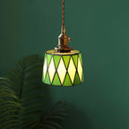 Vintage Tiffany-Style Amber Stained Glass Pendant Light with Antique Brass Rotary Switch