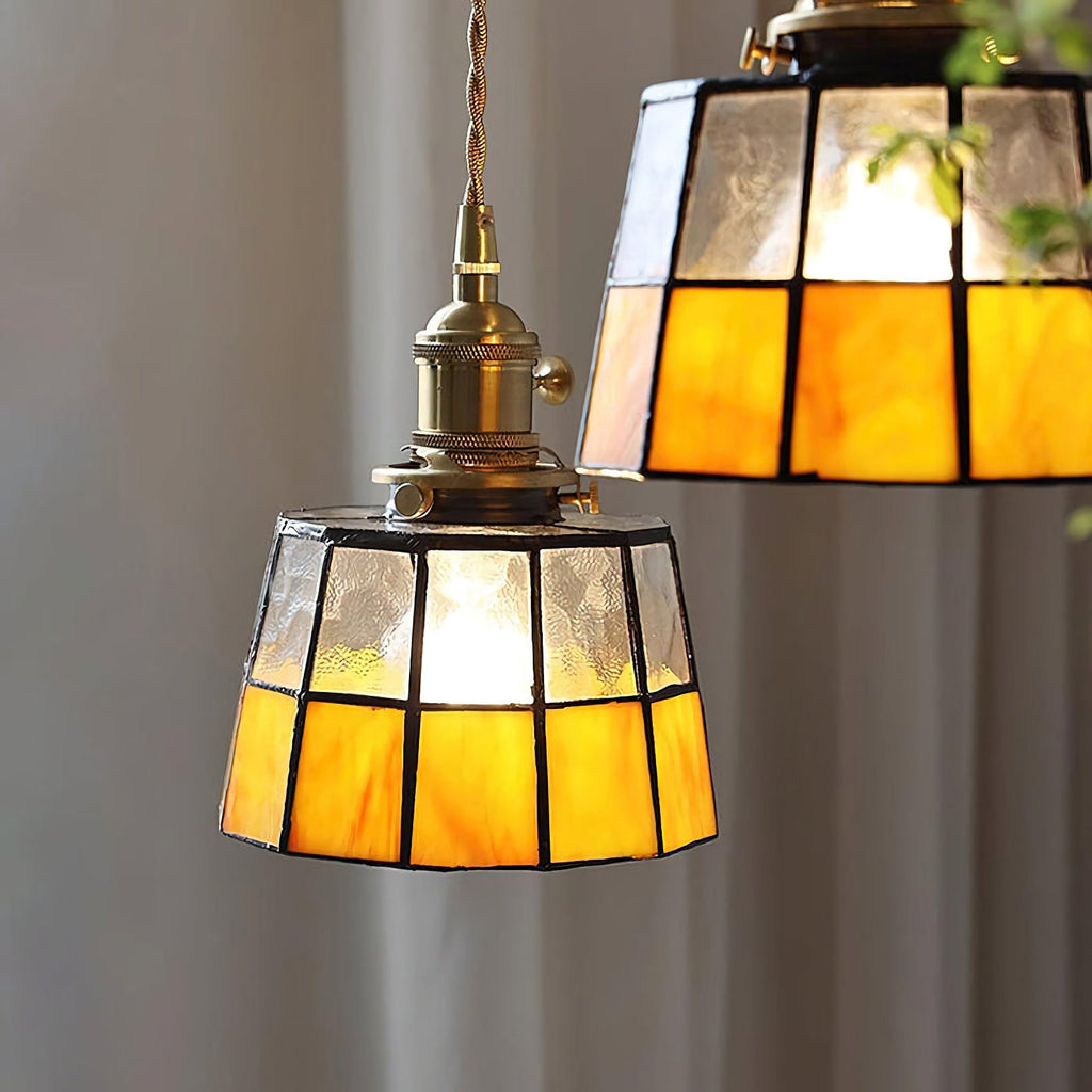 Vintage Tiffany-Style Amber Stained Glass Pendant Light with Antique Brass Rotary Switch