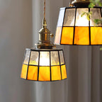 Vintage Tiffany-Style Amber Stained Glass Pendant Light with Antique Brass Rotary Switch