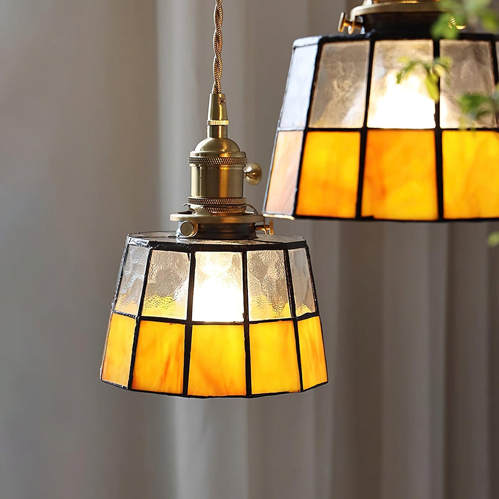 Vintage Tiffany-Style Amber Stained Glass Pendant Light with Antique Brass Rotary Switch