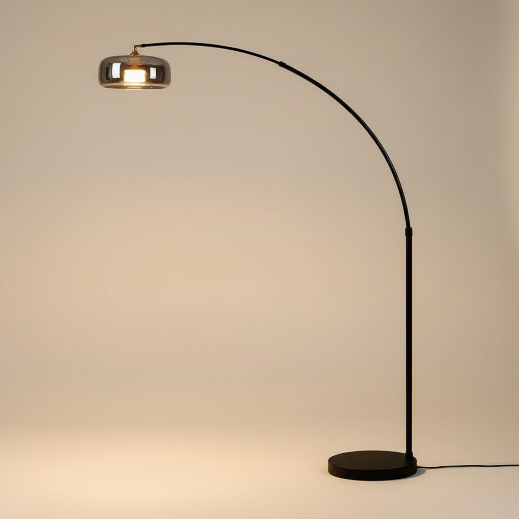 Tava | Modern Black Arc Floor Lamp with Glass Shade for Contemporary Spaces