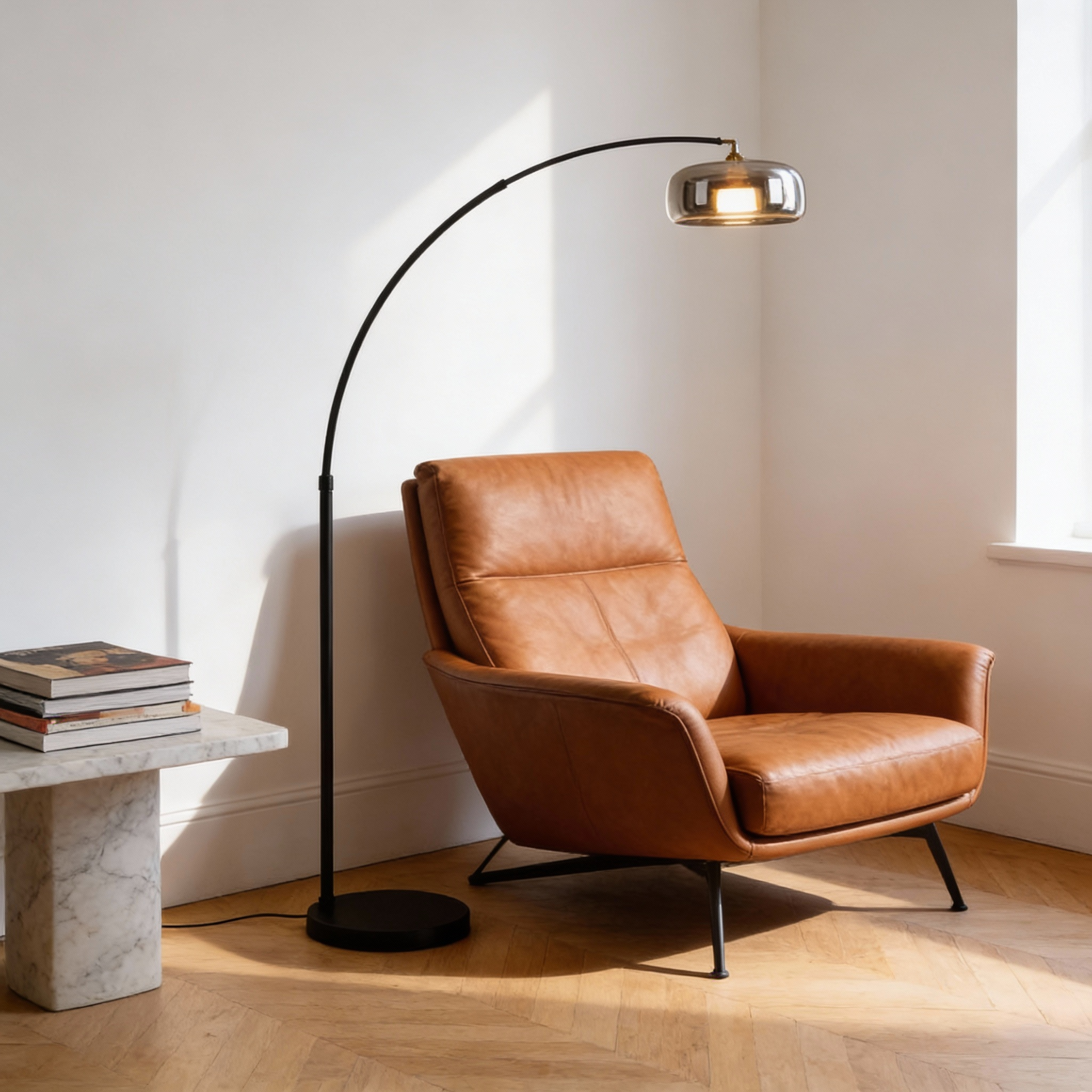 Tava | Modern Black Arc Floor Lamp with Glass Shade for Contemporary Spaces