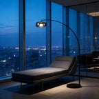 Tava | Modern Black Arc Floor Lamp with Glass Shade for Contemporary Spaces