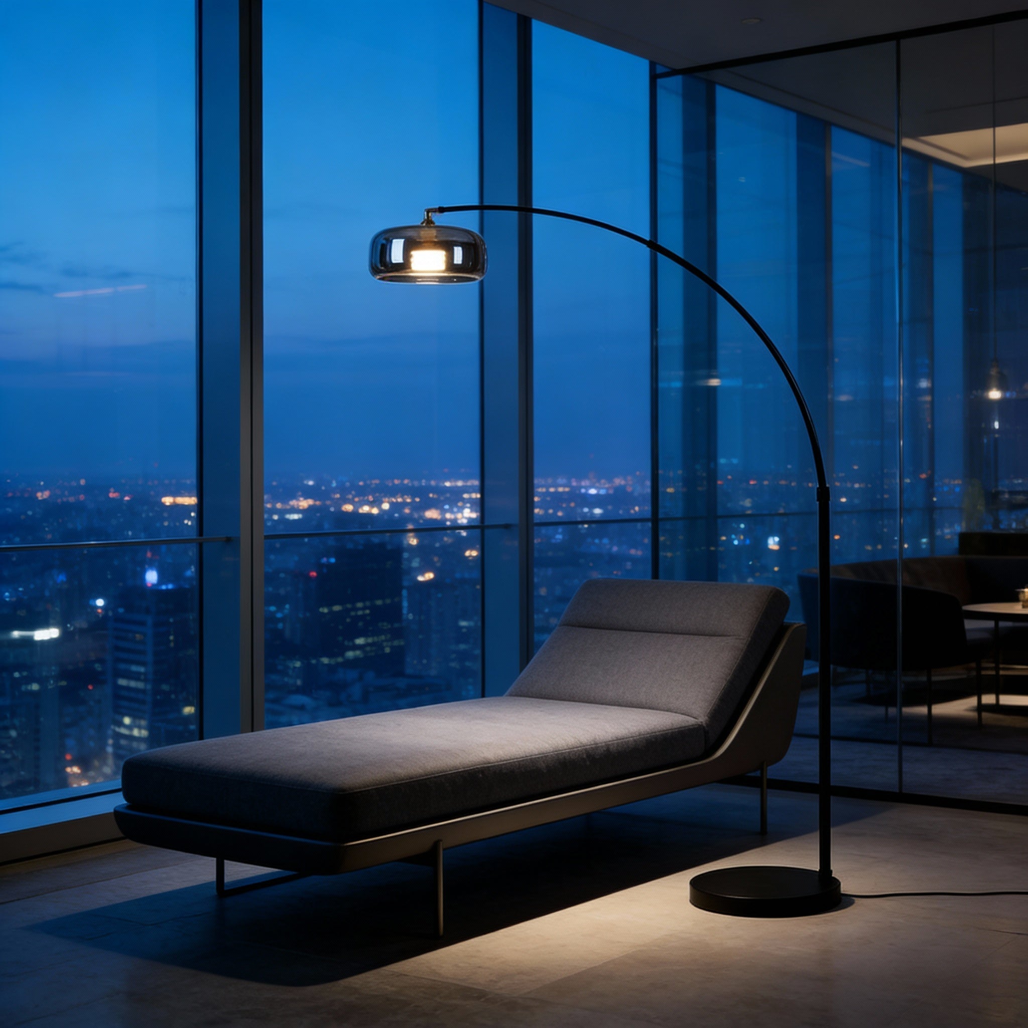 Tava | Modern Black Arc Floor Lamp with Glass Shade for Contemporary Spaces