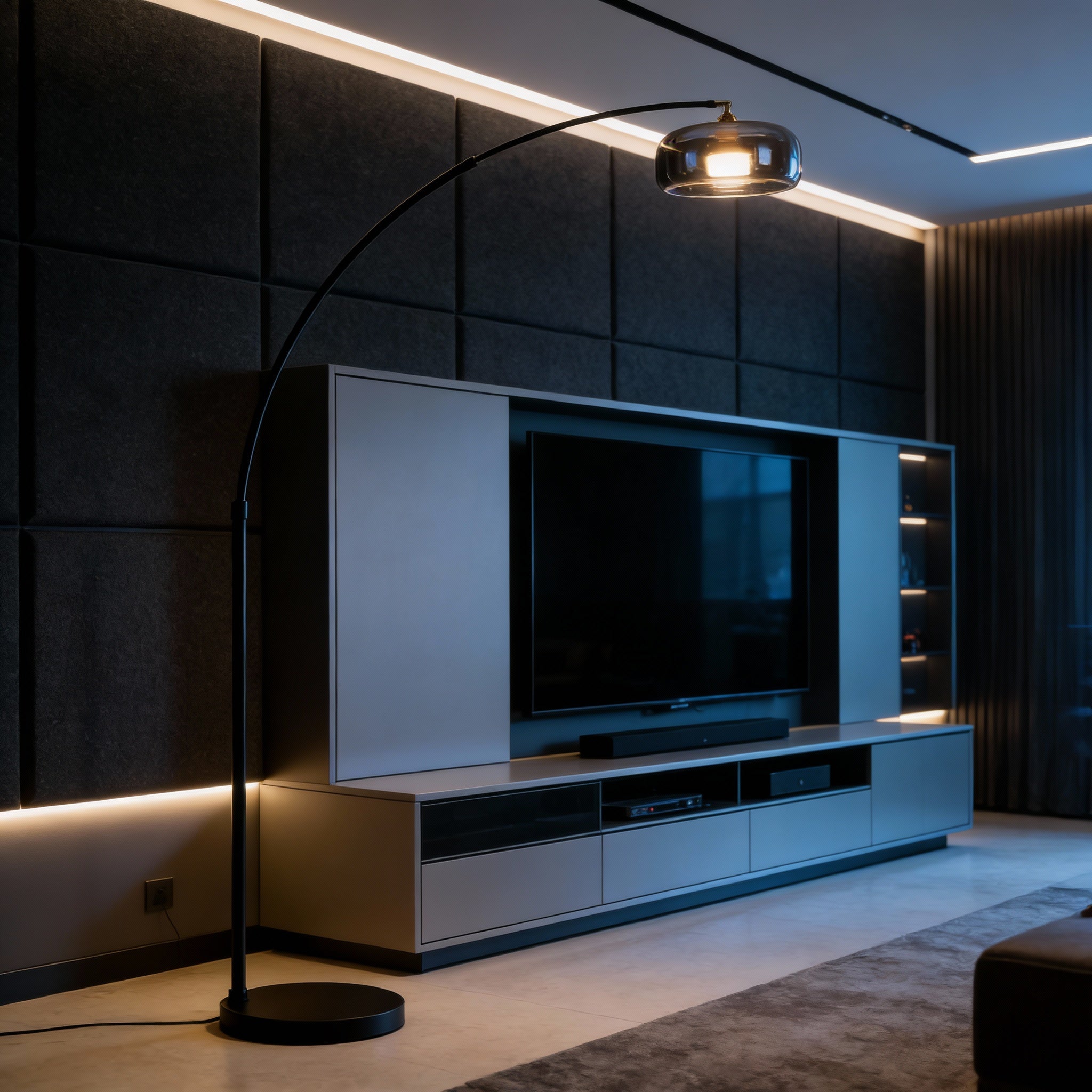 Tava | Modern Black Arc Floor Lamp with Glass Shade for Contemporary Spaces