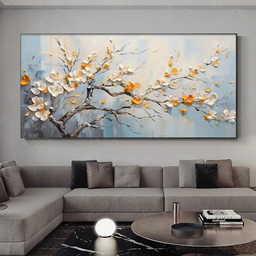 Abstraktes Wandbild, handgemalt auf Leinen, Blütenmotiv
