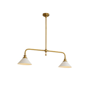 Modern linear pendant light in brass finish, front view