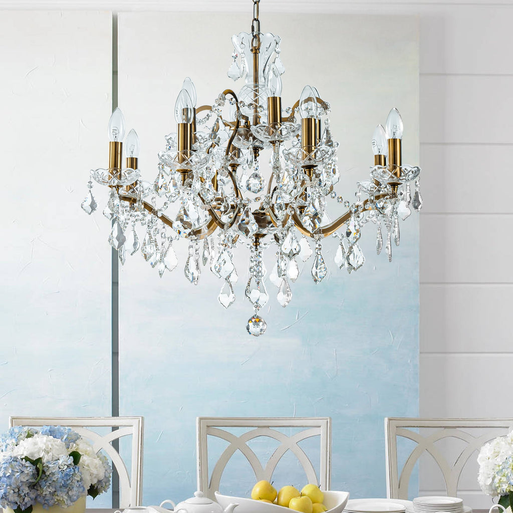 French Antique Gold Crystal Chandelier Two-Tiered Elegant Lighting Fixture