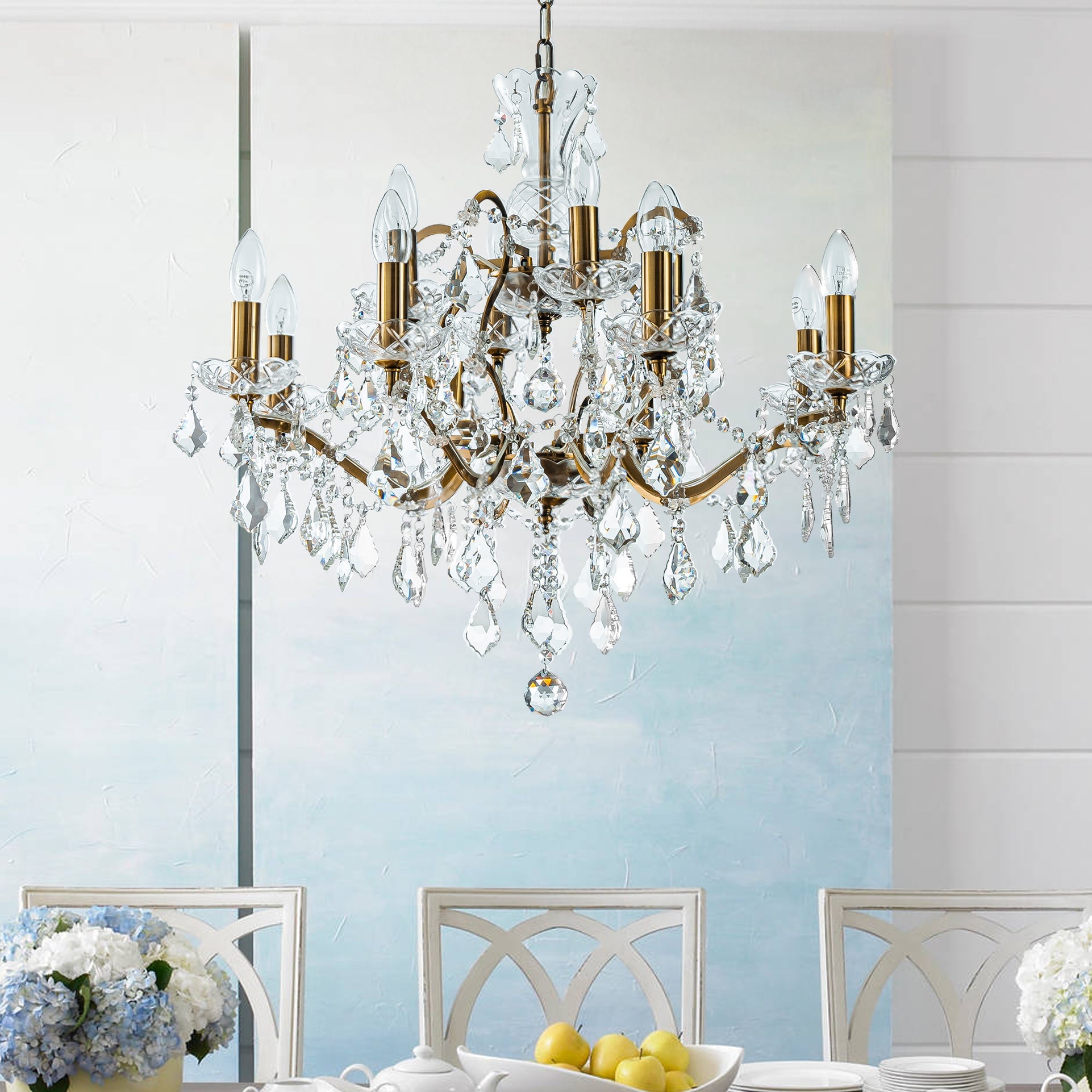 French Antique Gold Crystal Chandelier Two-Tiered Elegant Lighting Fixture