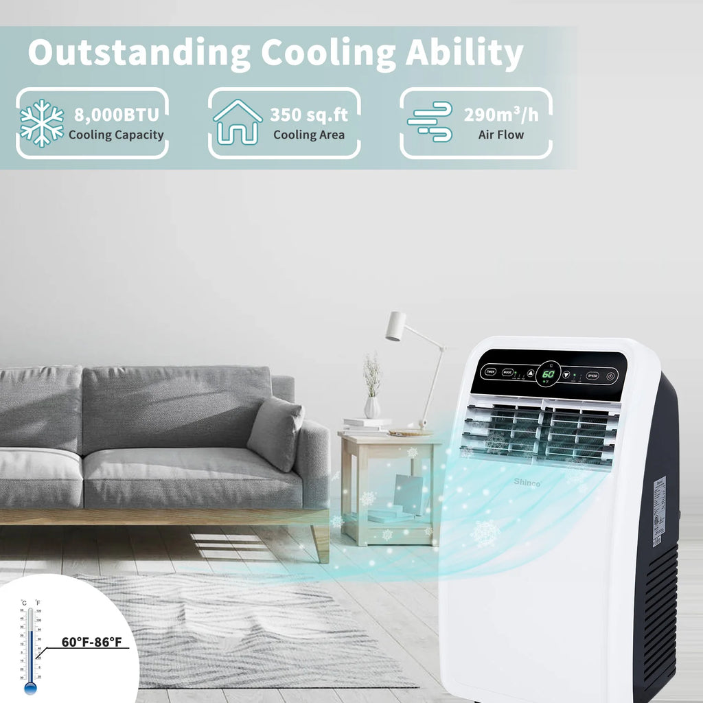 Versatile Portable AC Unit with 8,000 BTU Cooling & Dehumidifier for Year-Round Comfort