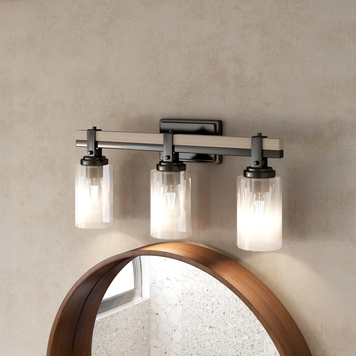 Eero vanity light above a round mirror — lifestyle
