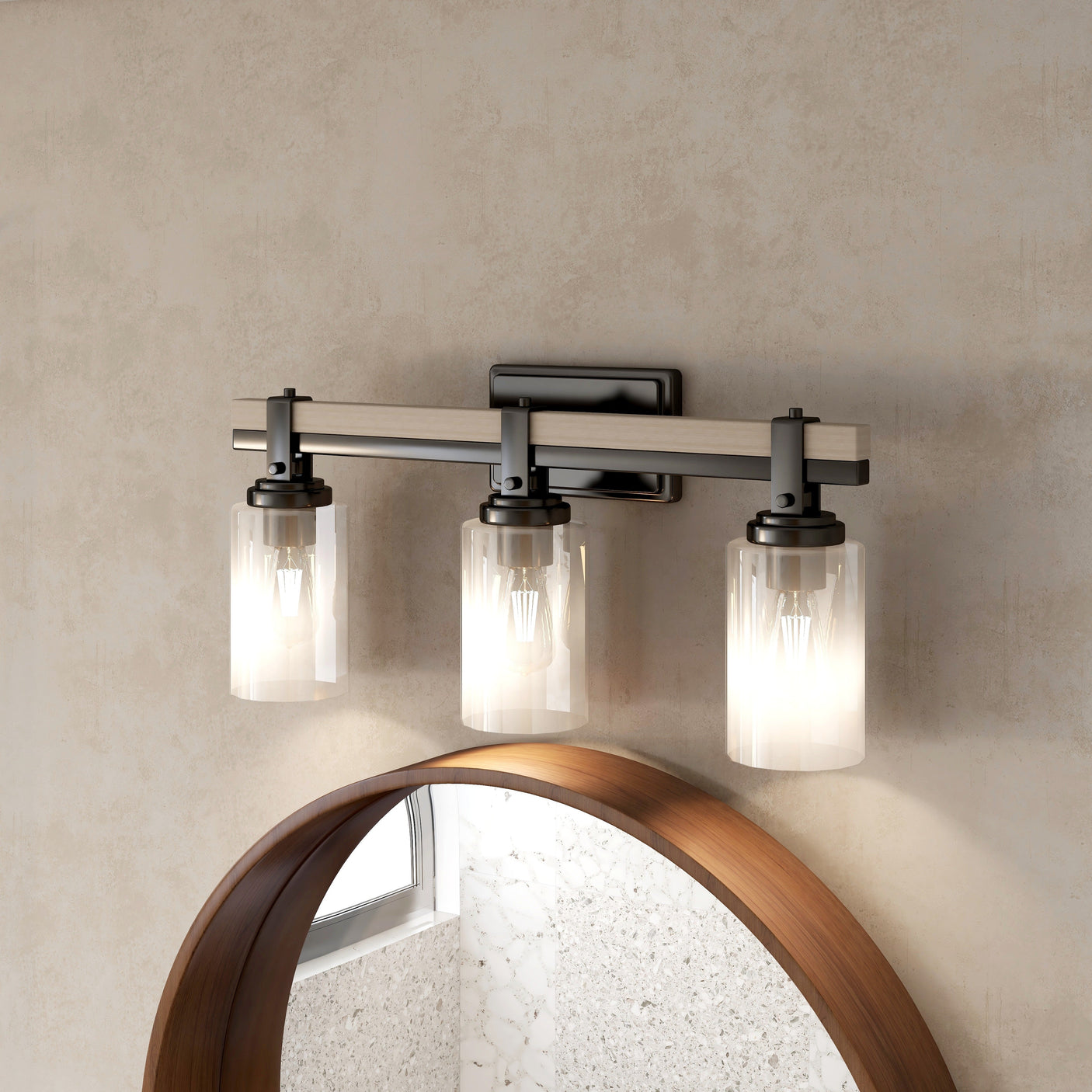 Eero vanity light above a round mirror — lifestyle