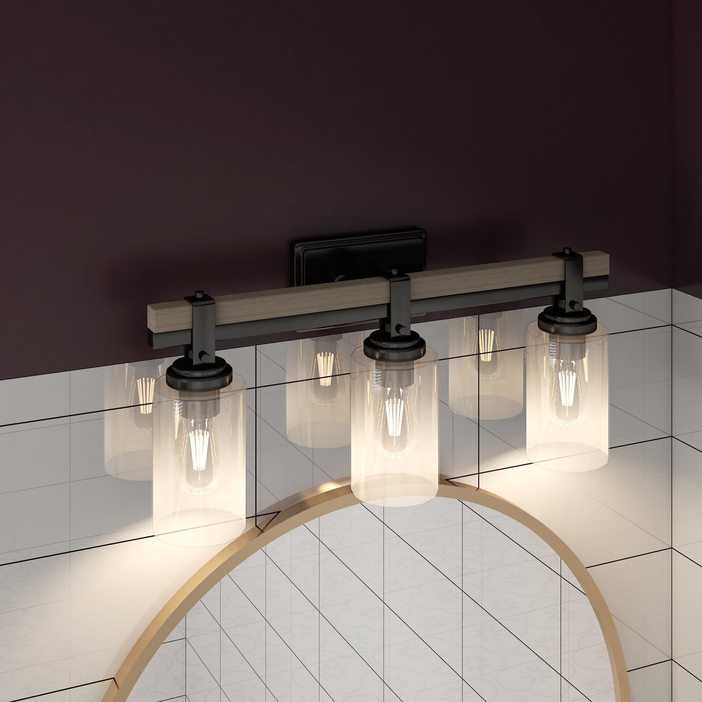 Eero vanity light lit above a bathroom mirror, room scene