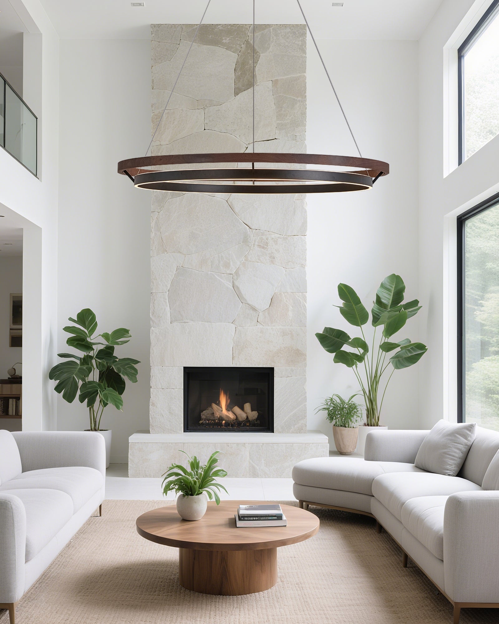 Circular LED Wood Chandelier with Adjustable Height and Energy-Efficient Lighting