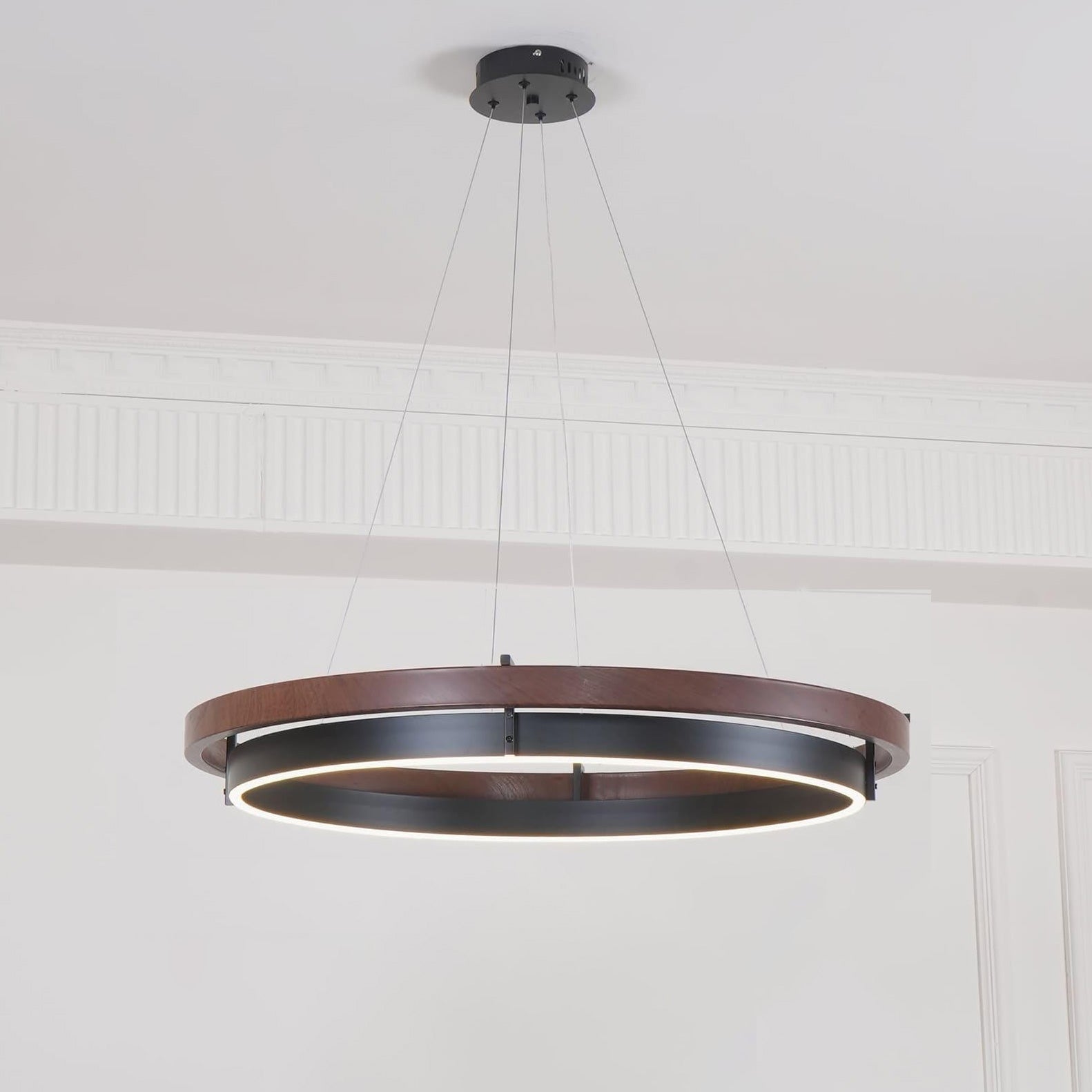 Circular LED Wood Chandelier with Adjustable Height and Energy-Efficient Lighting