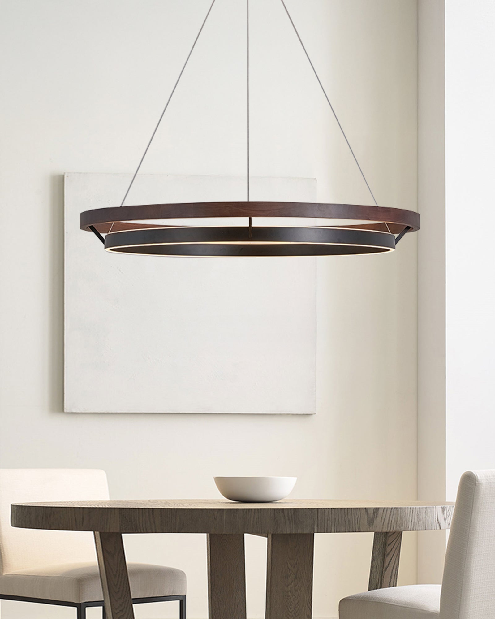 Circular LED Wood Chandelier with Adjustable Height and Energy-Efficient Lighting