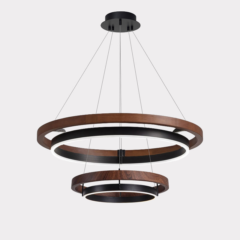 Circular LED Wood Chandelier with Adjustable Height and Energy-Efficient Lighting