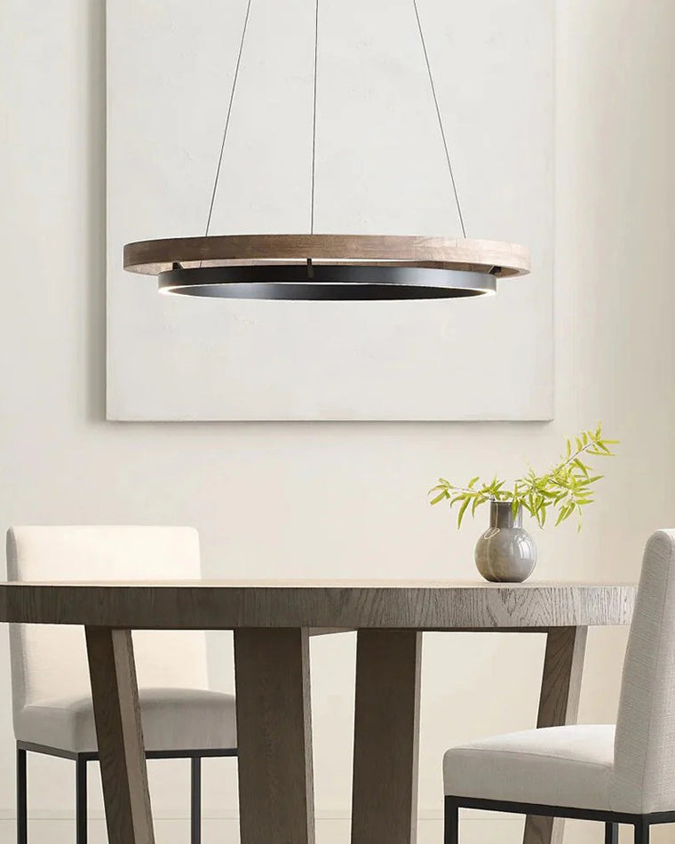 Circular LED Wood Chandelier with Adjustable Height and Energy-Efficient Lighting