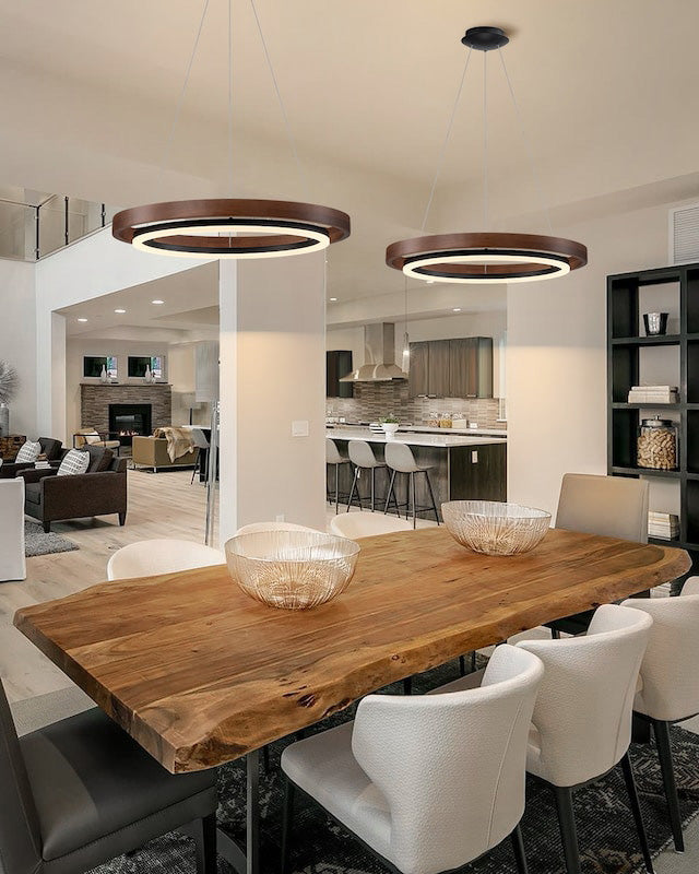 Circular LED Wood Chandelier with Adjustable Height and Energy-Efficient Lighting