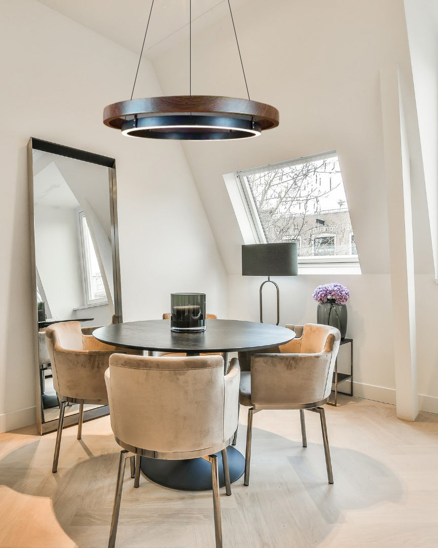 Circular LED Wood Chandelier with Adjustable Height and Energy-Efficient Lighting