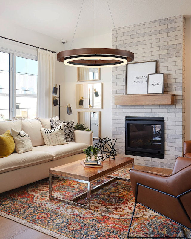 Circular LED Wood Chandelier with Adjustable Height and Energy-Efficient Lighting