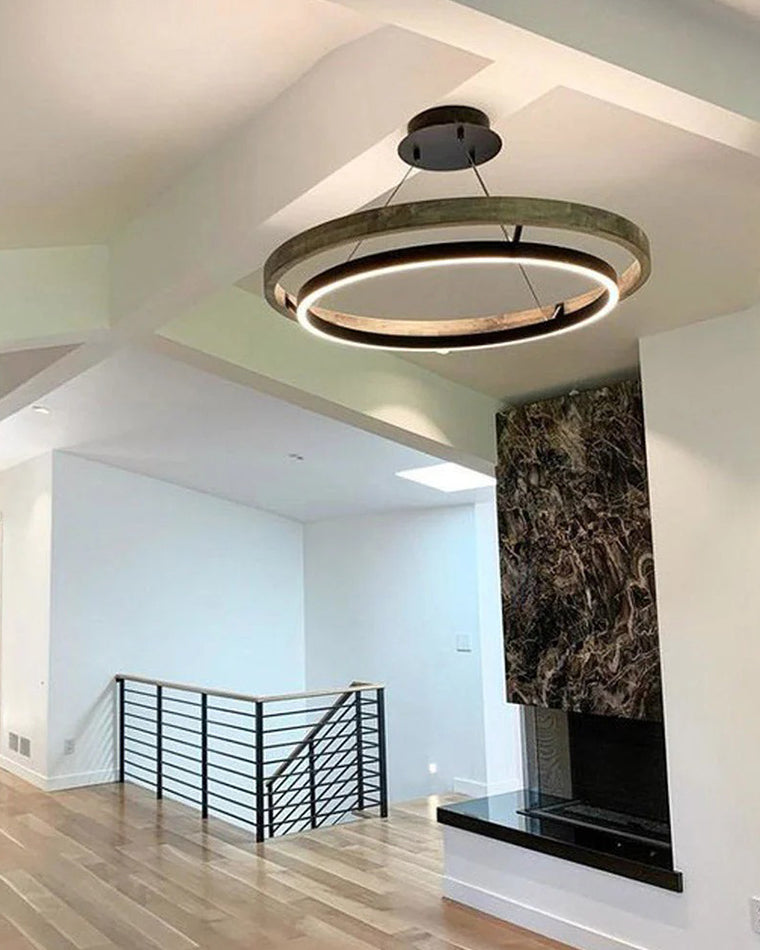 Circular LED Wood Chandelier with Adjustable Height and Energy-Efficient Lighting