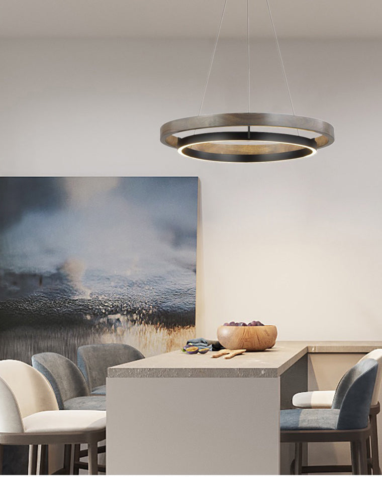 Circular LED Wood Chandelier with Adjustable Height and Energy-Efficient Lighting