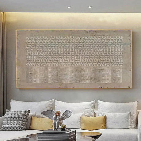 Wabi sabi textured wall art canvas in neutral tones above sofa