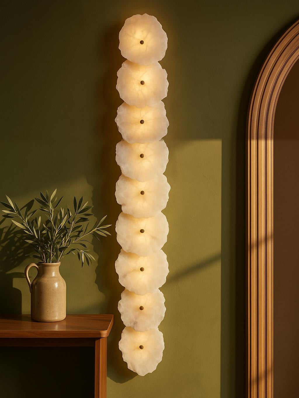 Seren nine-disc alabaster wall sconce on an olive plaster wall