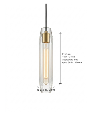 Ansel dimensions diagram — Ø 2.8 in fixture 15 in tall with adjustable drop