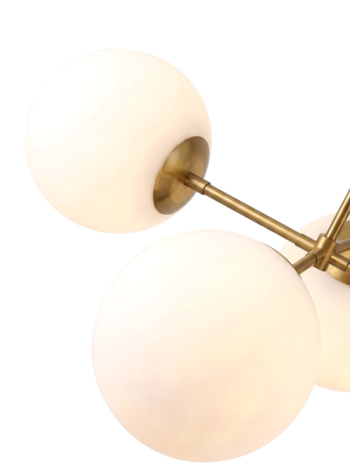 Astra two opal globes on brass arms, close-up on white