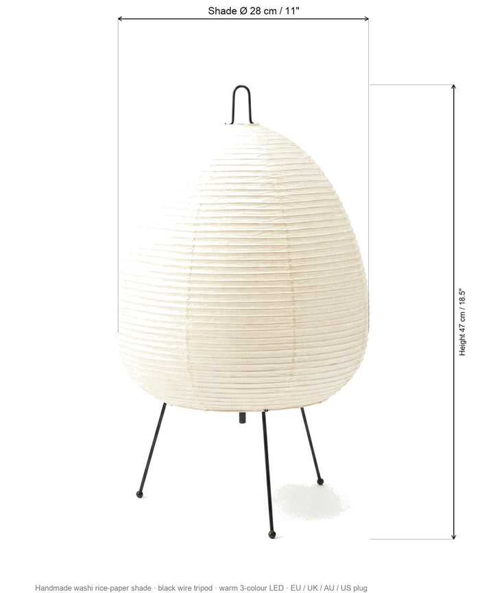 Size guide for the rice paper table lamp, approximately 28 cm shade diameter and 47 cm overall height