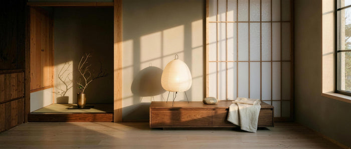 Japanese Akari style rice paper lamp glowing on a walnut console in a calm minimalist japandi living room