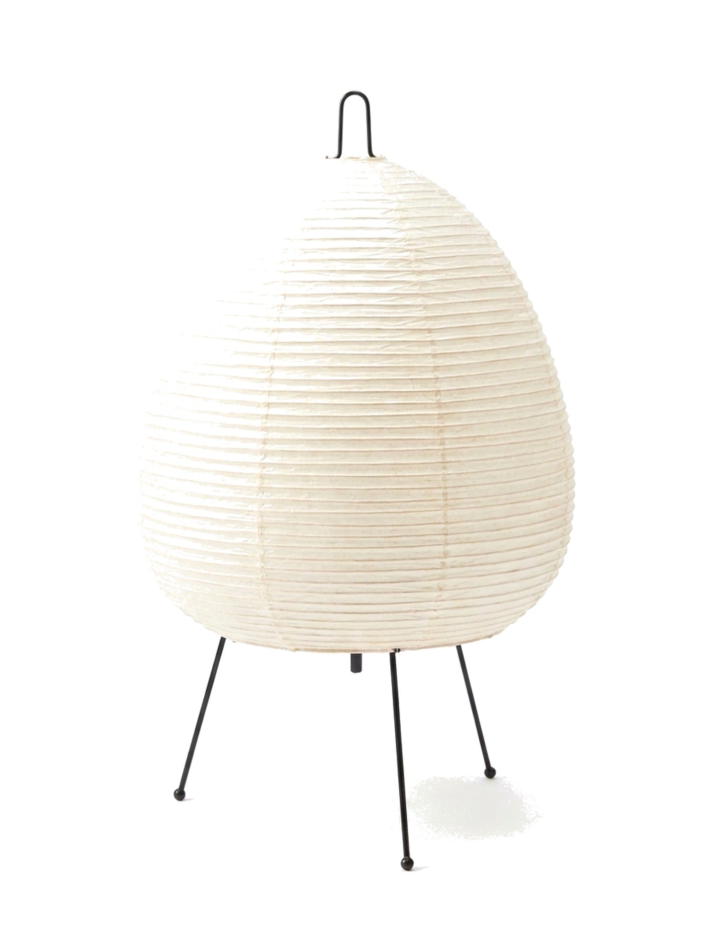 Rice paper table lamp in Japanese Akari style, white washi shade on a slim black tripod, studio shot on white
