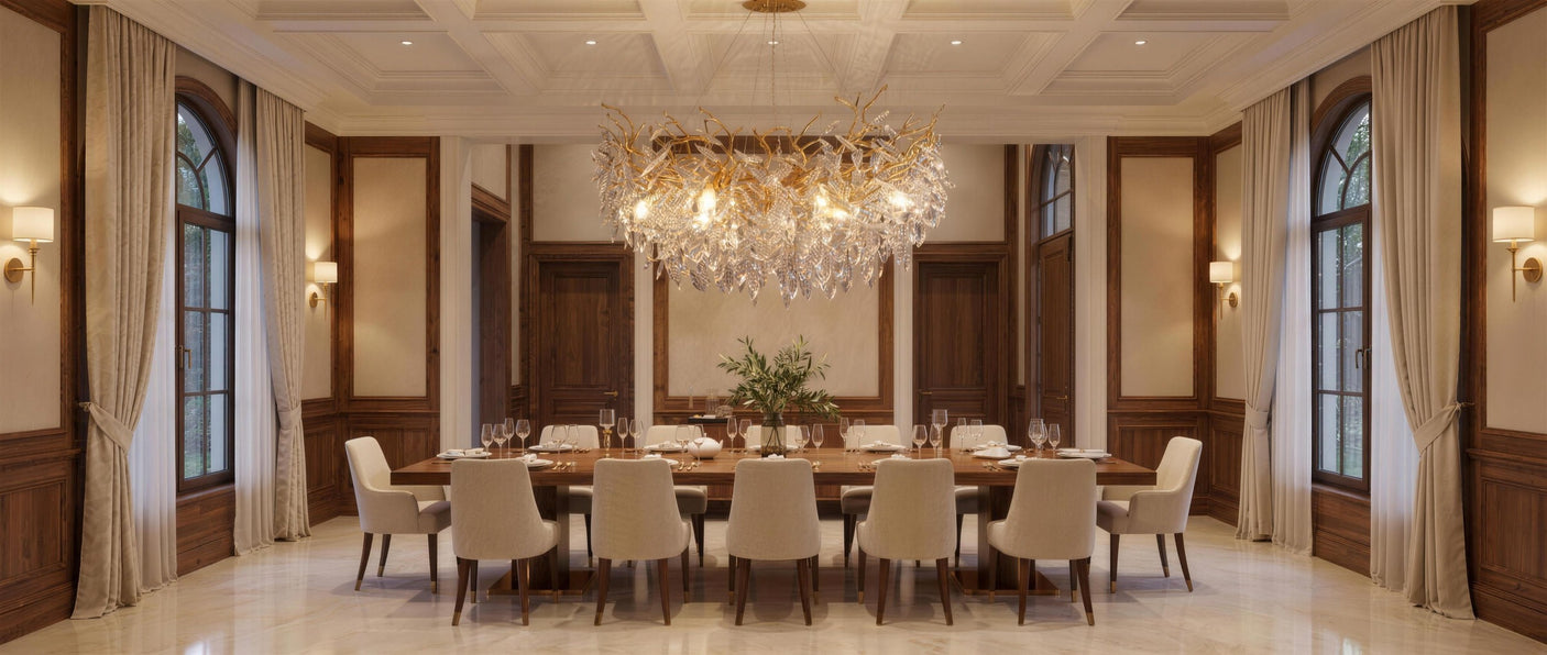 Albero chandelier as the centerpiece of a formal coffered dining room, lifestyle scene