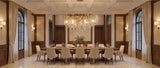 Albero chandelier as the centerpiece of a formal coffered dining room, lifestyle scene